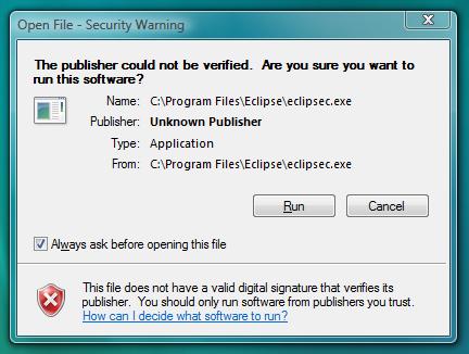 Windows Vista UAE unknown publisher security warning