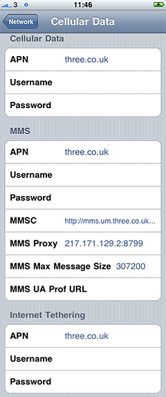 Three cellular data APN settings